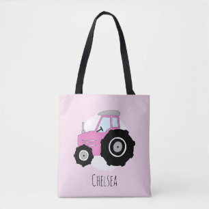 Cute Girl's Rosa Farmer's Tractor med Namn Tygkasse