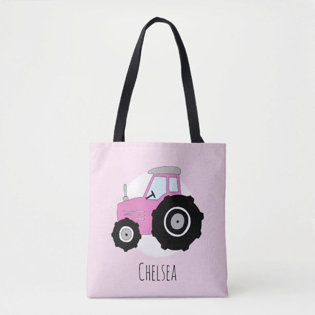 Cute Girl's Rosa Farmer's Tractor med Namn Tygkasse (Framsida)