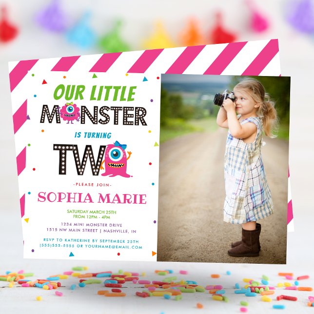 Cute Girls Rosa Monster 2:a födelsedag Party Photo Inbjudningar (Cute Girls Pink Monster 2nd Birthday Party Photo Invitation)