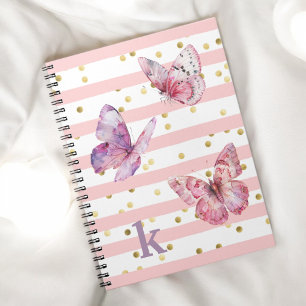 Cute Girl's Rosa Rand Dots and Butterflies Anteckningsbok