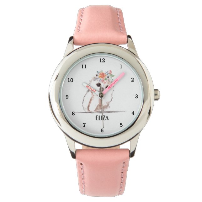 Cute Girls Rosa Uggla Bird Animals Kids Blommigt Armbandsur (Framsida)