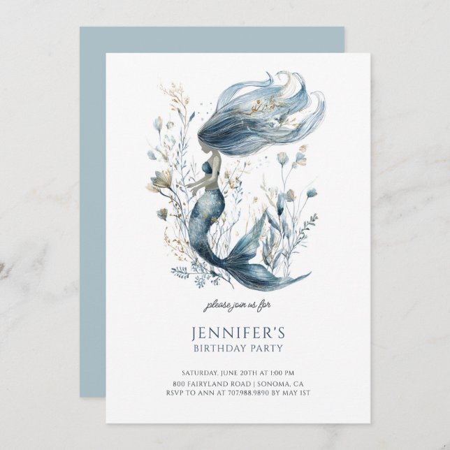 Cute Girl's Sjöjungfru Födelsedagsfest inbjudan (Fram/baksida)