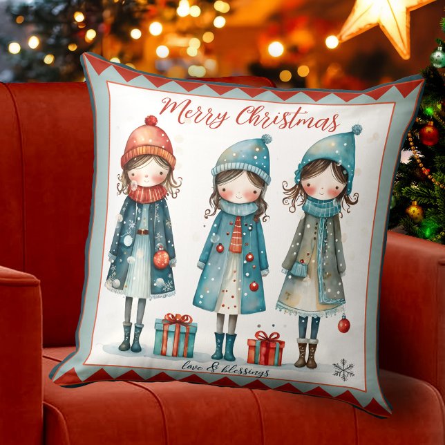 Cute Girls Whimsitiva julklapp Kudde (Christmas Holidays pillow with a cute whimsical design showing 3 girls bringing gifts and blessings)