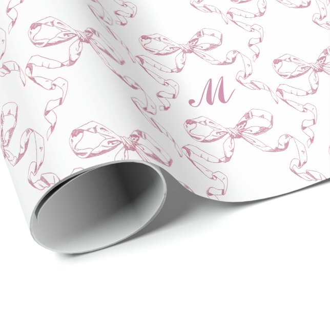 Cute Girly Aesthetic Rosa Bow Mönster Monogram Presentpapper (Rullad Hörn)
