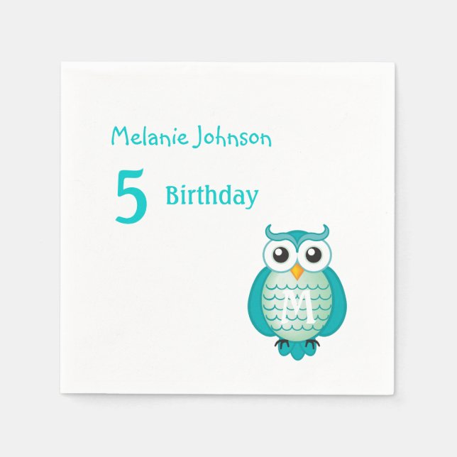 Cute Girly Aqua Uggla med Monogram Birthday Napkin Pappersservett (Framsidan)