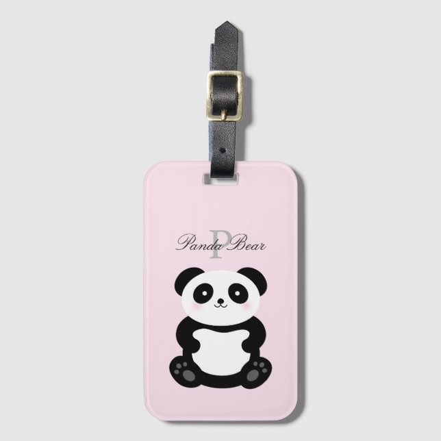 Cute Girly Baby Panda Bear Monogram Bagagebricka (Framsida vertikal)