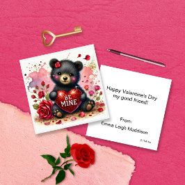 Cute Girly Be Mine Bear Cub Classroom Valentine Anteckningskort