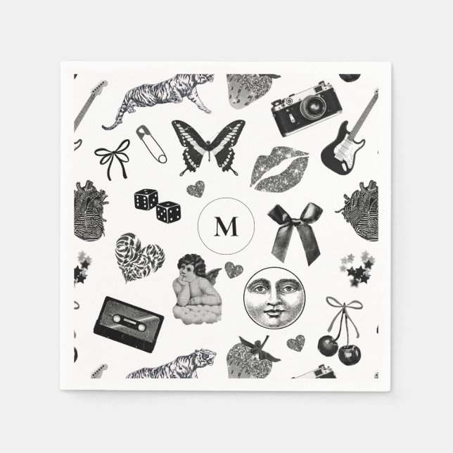 Cute Girly Black Aesthetic Namn Monogram Pappersservett (Framsidan)