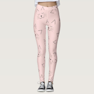 Cute Girly Black Kattunge Ansikte Rosa Mönster Leggings