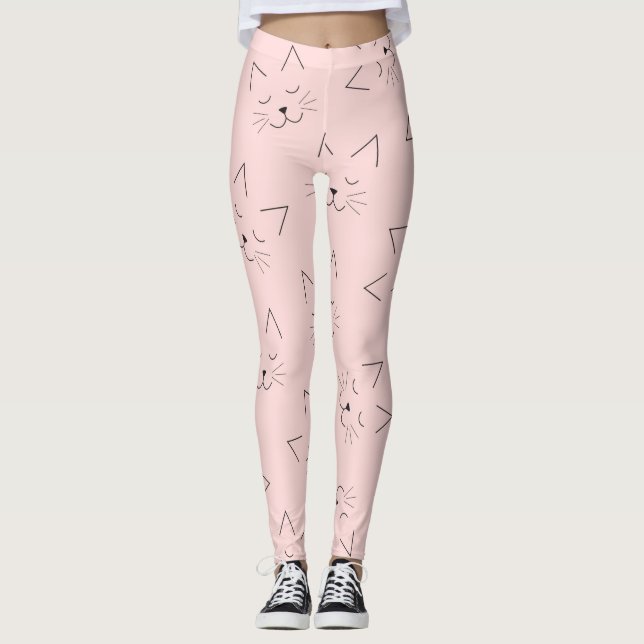 Cute Girly Black Kattunge Ansikte Rosa Mönster Leggings (Framsida)