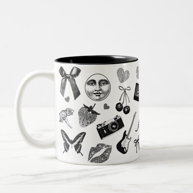 Cute Girly Black White Aesthetic Mönster Två-Tonad Mugg (Vänster)