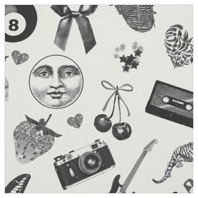 Cute Girly Black White Grunge Aesthetic Mönster Tyg (Provkarta)