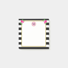 Cute Girly Black White Stripe Blommigt Monogram Post-it Block
