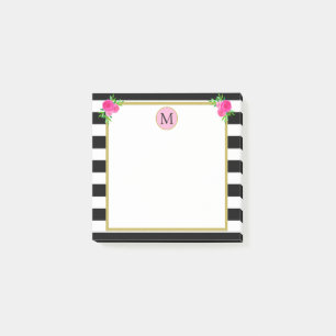 Cute Girly Black White Stripe Blommigt Monogram Post-it Block