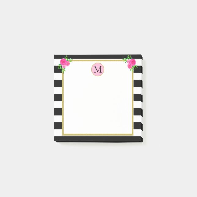 Cute Girly Black White Stripe Blommigt Monogram Post-it Block (Framsida)