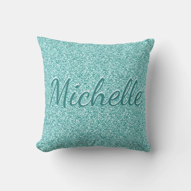Cute Girly Blue Glitter Monogram Namn Kudde (Framsida)