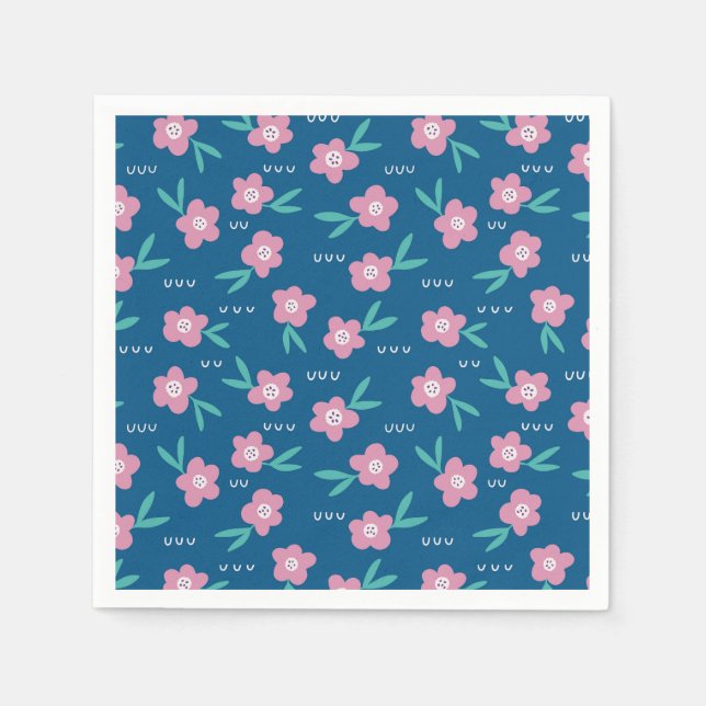 Cute Girly Blue & Rosa Blommigt Pappersservett (Framsidan)