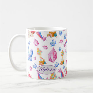Cute Girly Blue Rosa Star Namn Unicorn Kaffemugg