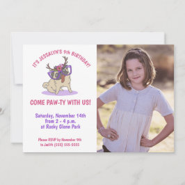 Cute Girly Boho Blommigt Pug Lila Glass Birthday Inbjudningar