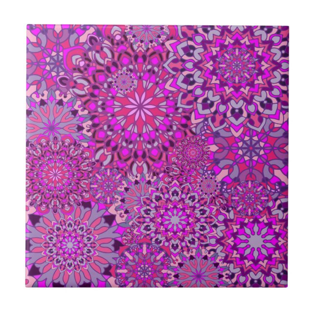Cute Girly Boho Chic Rosa Lila Blommigt Mandalas Kakelplatta (Framsidan)