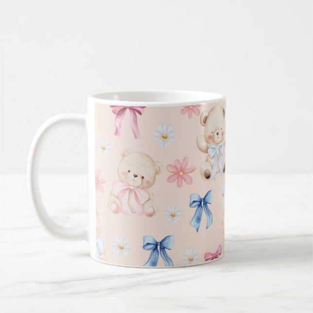 Cute Girly Bow Teddy Bears Seamless Pattern Kaffemugg (Vänster)