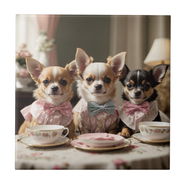Cute Girly Chihuahua Tea Party Kakelplatta (Framsidan)