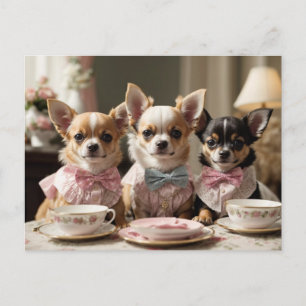 Cute Girly Chihuahua Tea Party Vykort