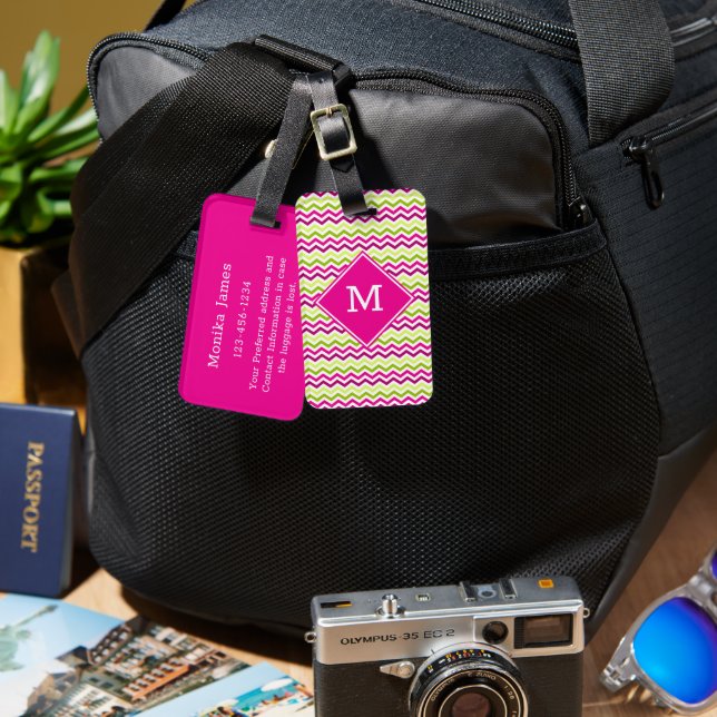 Cute Girly Colorful Chevron Mönster med Monogram Bagagebricka (Fram & Baksida)
