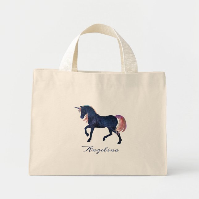 Cute Girly Customial Celestial Navy Blue Unicorn Mini Tygkasse (Framsidan)