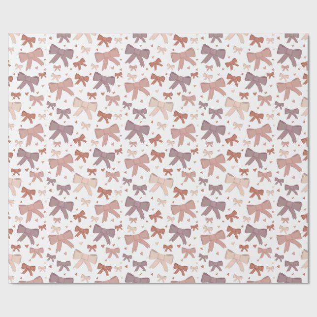 Cute Girly Dusty Rosa Bows and Hearts Mönster Presentpapper (Platt)