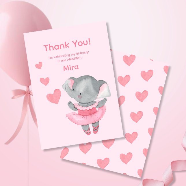 Cute Girly Elephant Ballerina Birthday Party  Tack Kort (Skapare uppladdad)