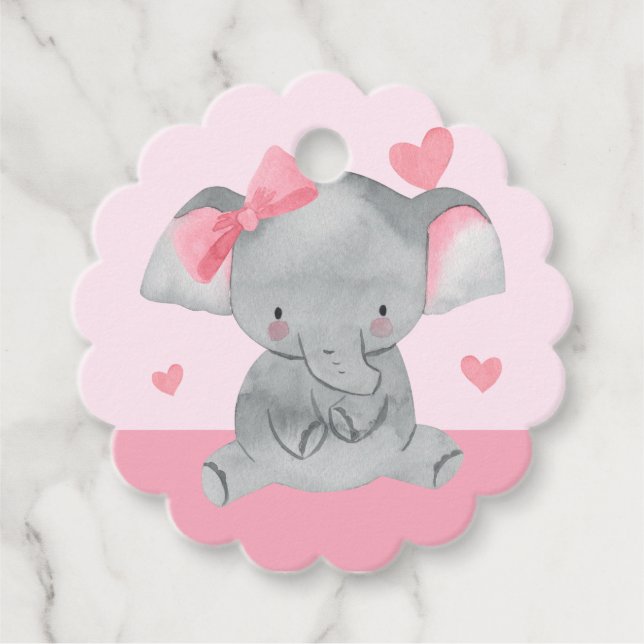Cute Girly Elephant Pink Bow Birthday Party  Gåvor Etiketter (Framsida)