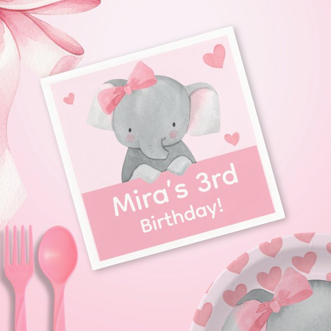 Cute Girly Elephant Pink Bow Birthday Party  Pappersservett (Skapare uppladdad)