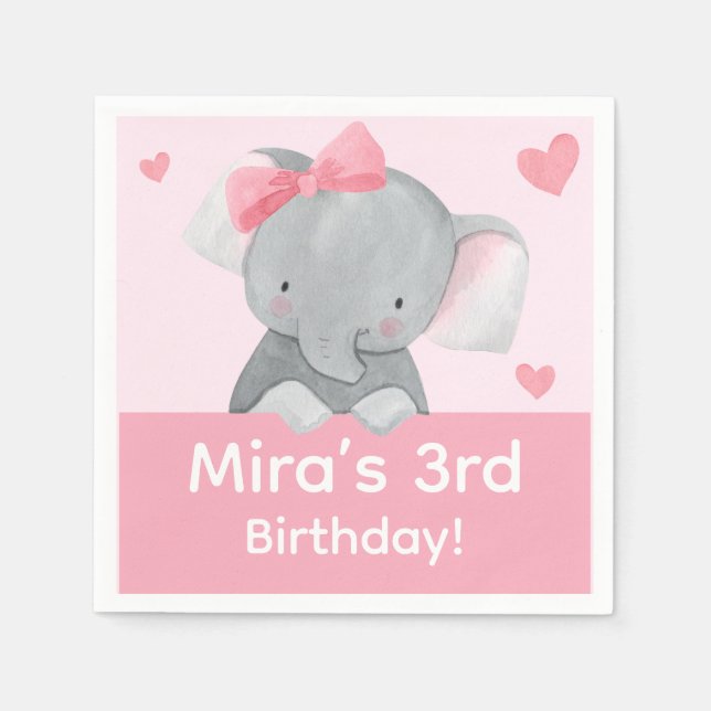 Cute Girly Elephant Pink Bow Birthday Party  Pappersservett (Framsidan)