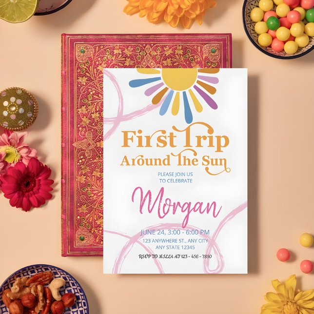 Cute Girly First Resa runt Sol Födelsedagsfest Inbjudningar (Skapare uppladdad)