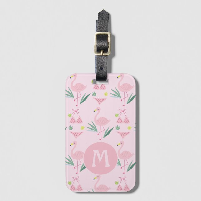 Cute Girly Flamingo och Bikini Rosa Monogram Bagagebricka (Framsida vertikal)