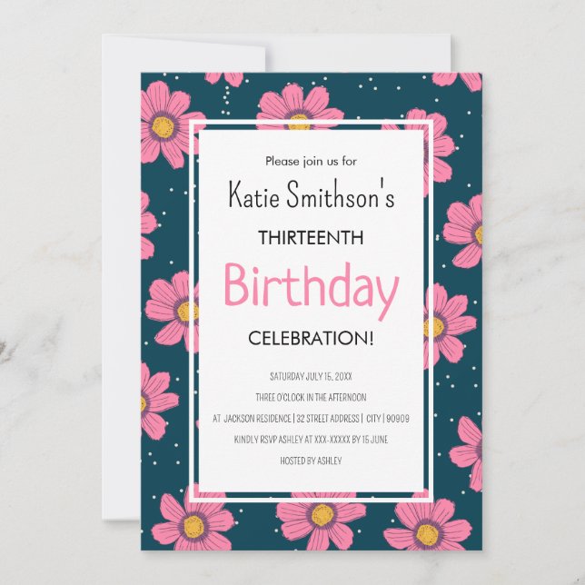 Cute Girly Flowers Pastel Rosa & Blue Birthday Inbjudningar (Framsida)