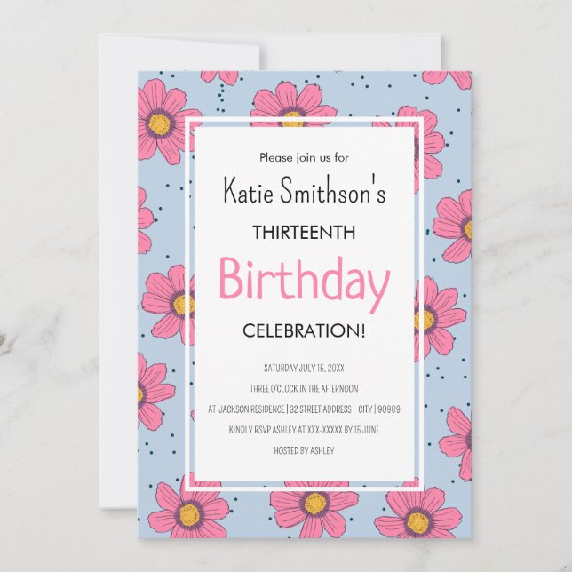 Cute Girly Flowers Pastel Rosa & Blue Birthday Inv Inbjudningar (Framsida)