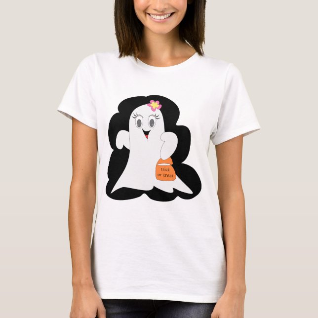 Cute Girly Ghost Halloween Trick or Treat T Shirt (Framsida)