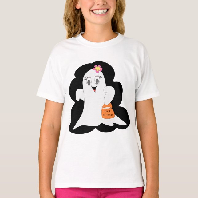Cute Girly Ghost Halloween Trick or Treat T Shirt (Framsida)