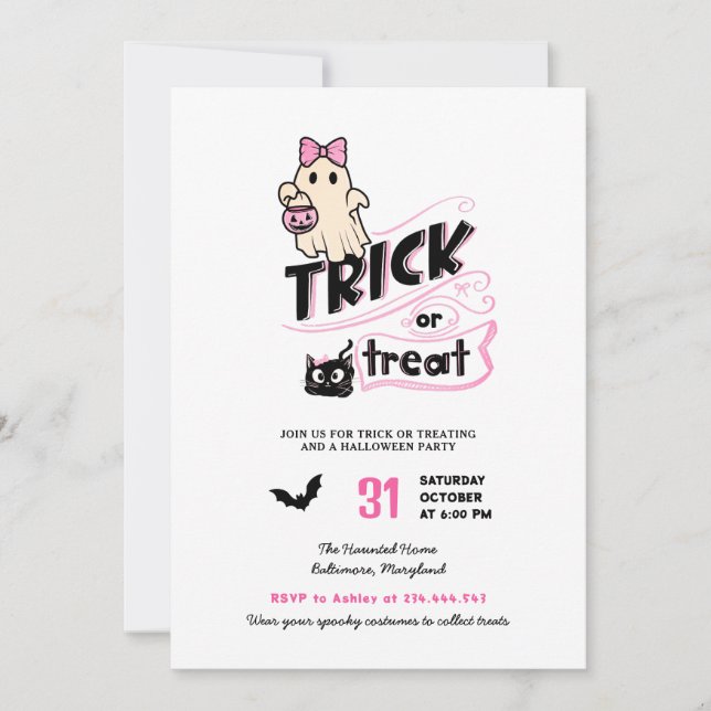 Cute Girly Ghost Trick or Treat Halloween Cat Pink Inbjudningar (Framsida)
