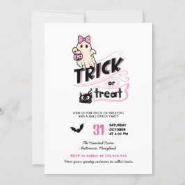 Cute Girly Ghost Trick or Treat Halloween Cat Pink Inbjudningar