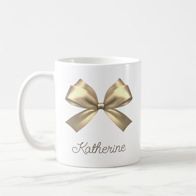 Cute Girly Guld Aesthetic Bow Namn Kaffemugg (Vänster)
