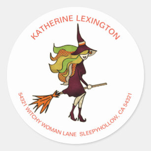 Cute Girly Halloween Witch Broomstick Adress Runt Klistermärke