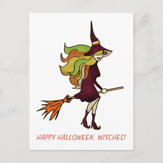 Cute Girly Happy halloween Witches Witch Costume Inbjudan Vykort (Framsida)