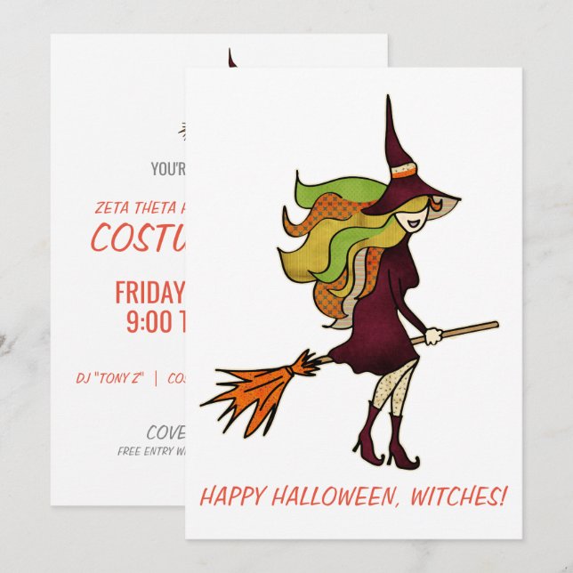 Cute Girly Happy halloween Witches Witch Costume Inbjudningar (Fram/baksida)