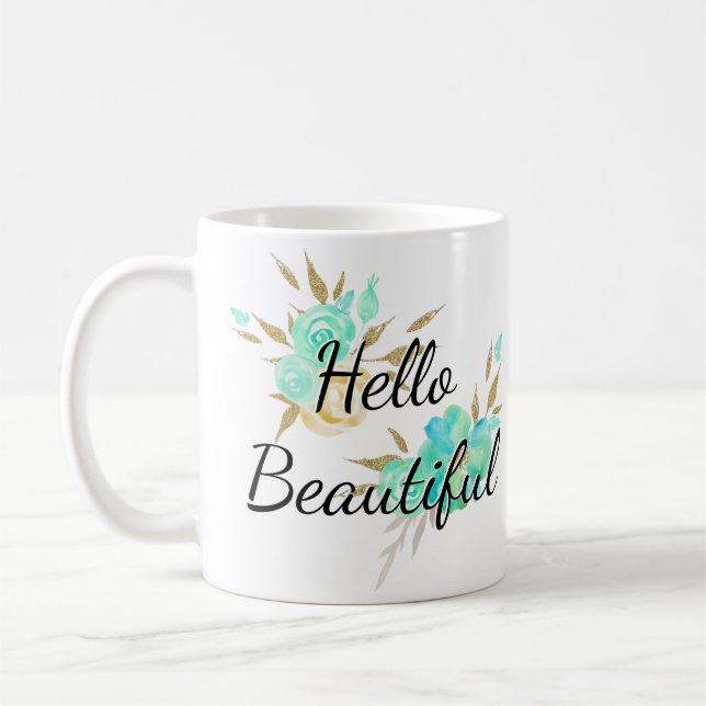 Cute Girly Hej BeSnygg Guld och blå Blommigt Kaffemugg (Vänster)