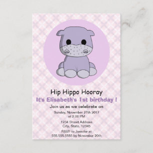 Cute girly hippo lila Flicka barns födelsedag part Inbjudningar