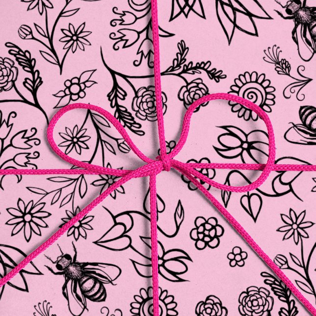 Cute Girly Honungsbin Blommönster Pastel Rosa Presentpapper (Skapare uppladdad)