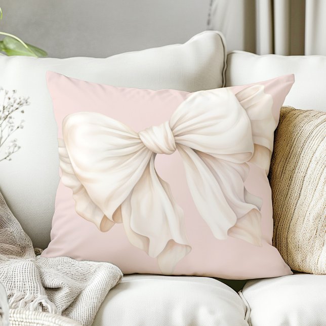 Cute Girly Ivory White Bow på Rosa Kudde (Available in 2 sizes: 16-inch diameter and 20-inch diameter.)